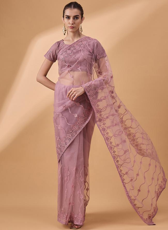 Net Pink Party Wear Floral Saree